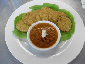 Fried Green Tomatoes with Roasted Red Pepper Sauce and Blue Cheese