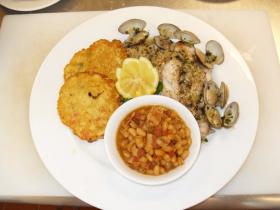 Bluefish with Clams, Fresh Corncakes, and Boston Baked Beans