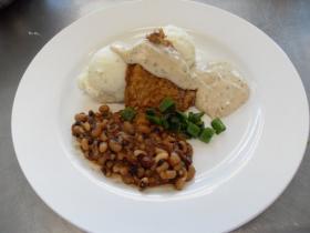 Chicken Fried Steak with Creamy Gravy, Mashed Potaotes, and Blackeyed Peas