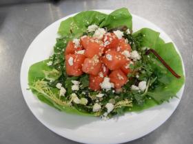 Watermelon and Watercress Salad with Shallot Citrus Dressing and Bleu Cheese Crumble