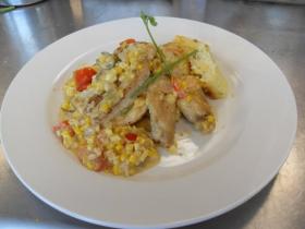 Chicken Maquechoux, Baked Cheese Grits, Braised Leeks with Hollandaise Sauce
